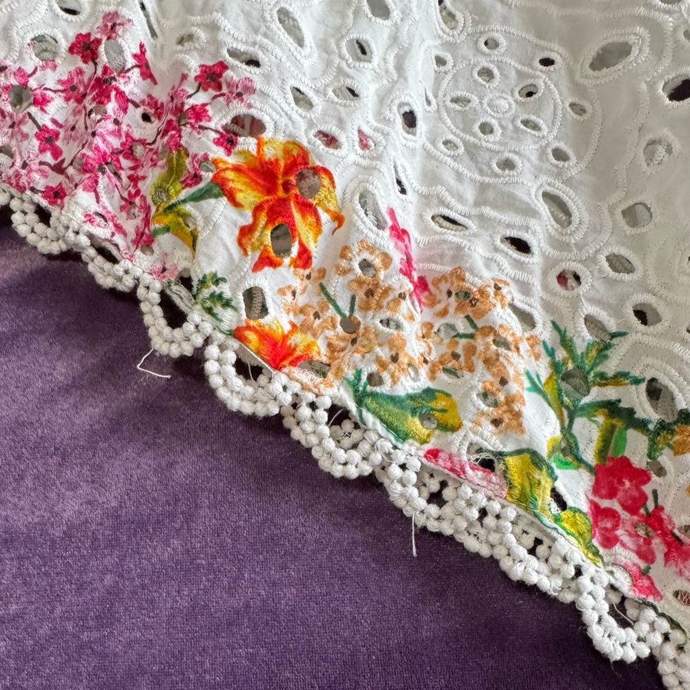 FARM RIO Delicate Forest Scarves Midi Dress XS Eyelet Lace Asymmetric Hi Low - Picture 7 of 14